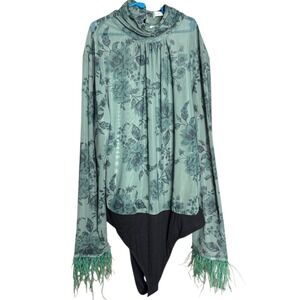 WAYF Anthropologie Mock Neck Mesh Bodysuit Green Floral Large Stretch